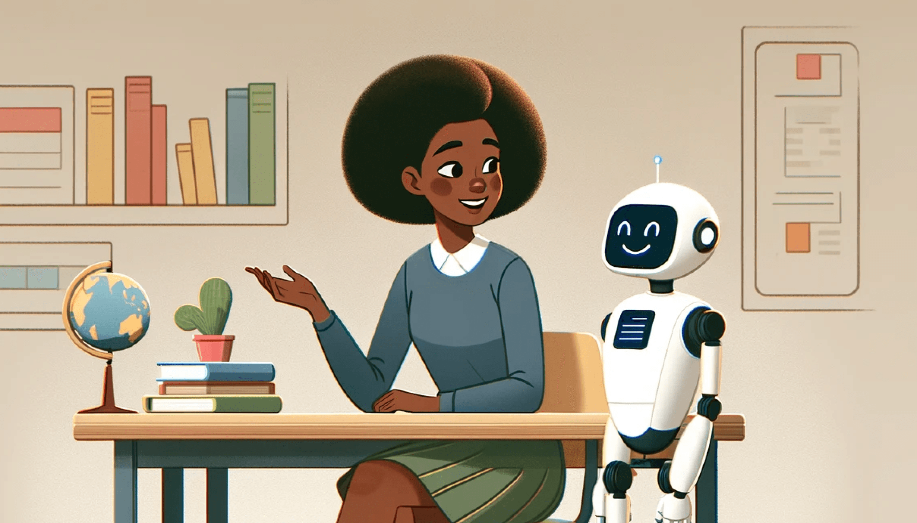 Student sitting at desk in classroom having conversation with a robot