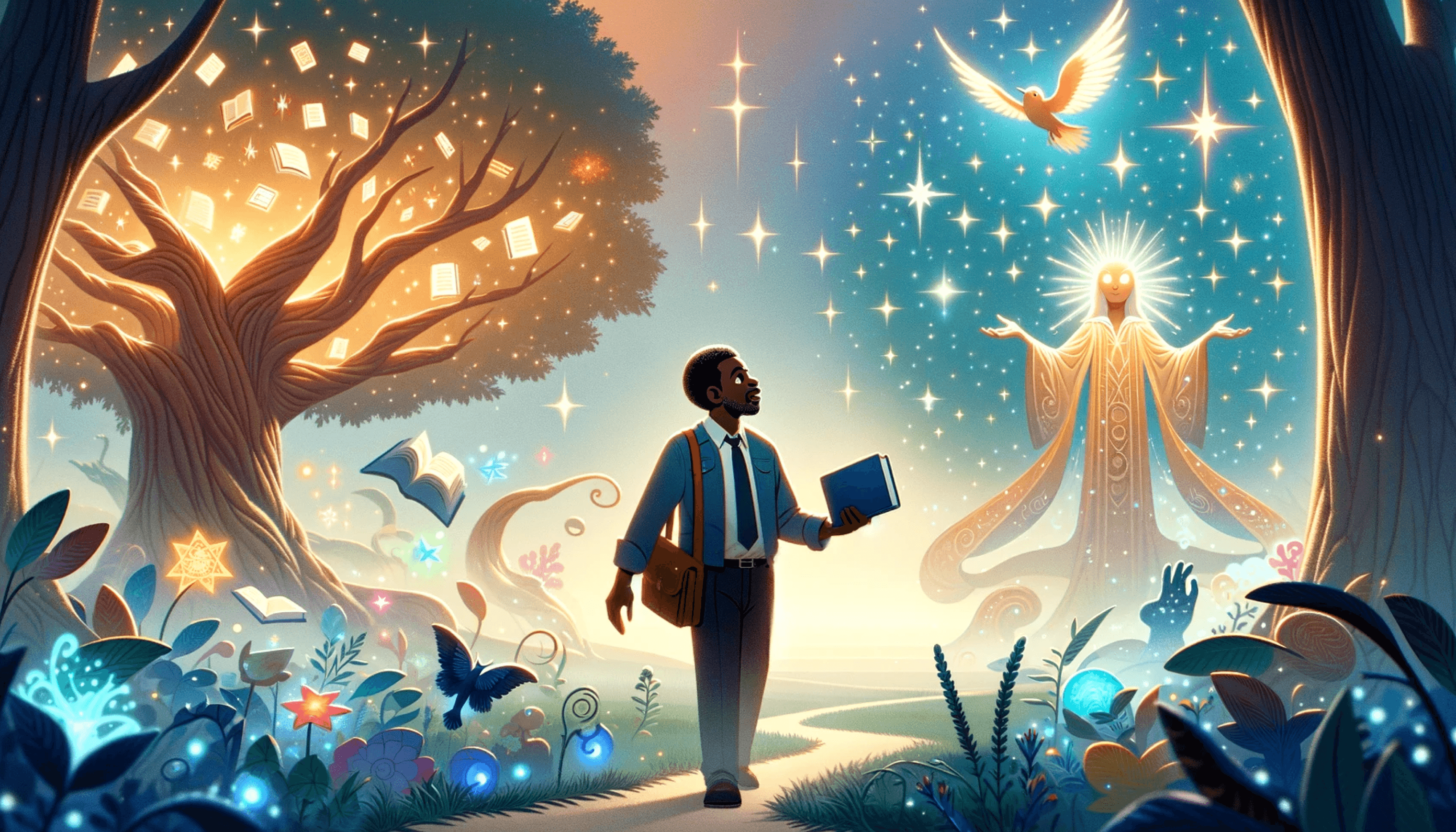 Teacher exploring in a magical learning forest