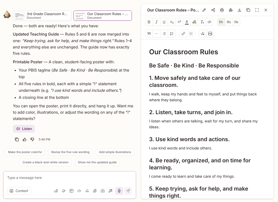 A Flint chat: Sparky's reply lists the updated teaching guide and the printable poster, and the poster document is open beside it with the title Our Classroom Rules, the line Be Safe, Be Kind, Be Responsible, and rules 1 to 5.