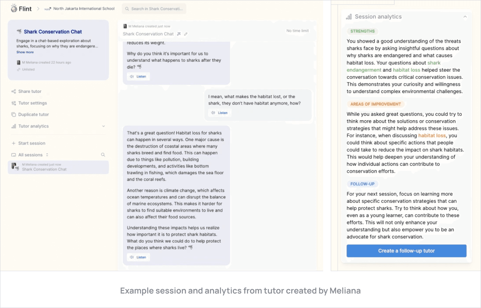 Example session and analytics from tutor created by Meliana