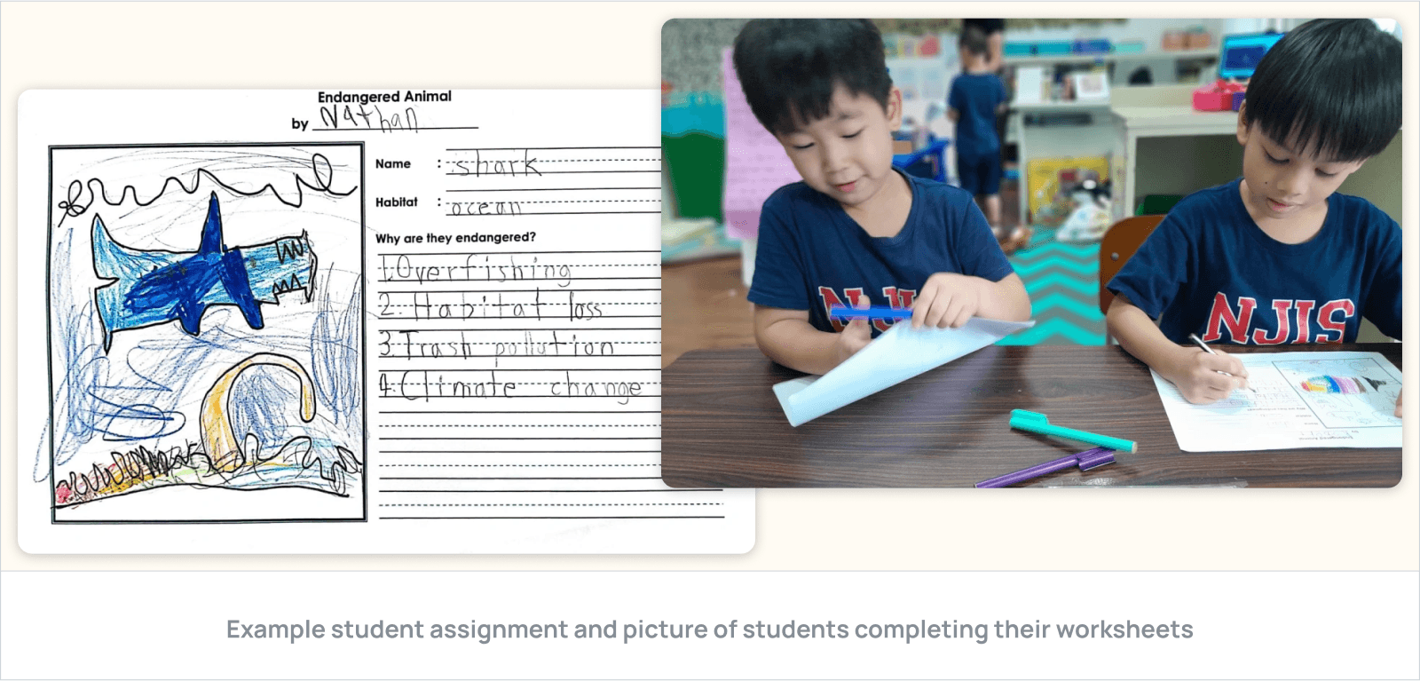 Example student assignment and picture of students completing their worksheets