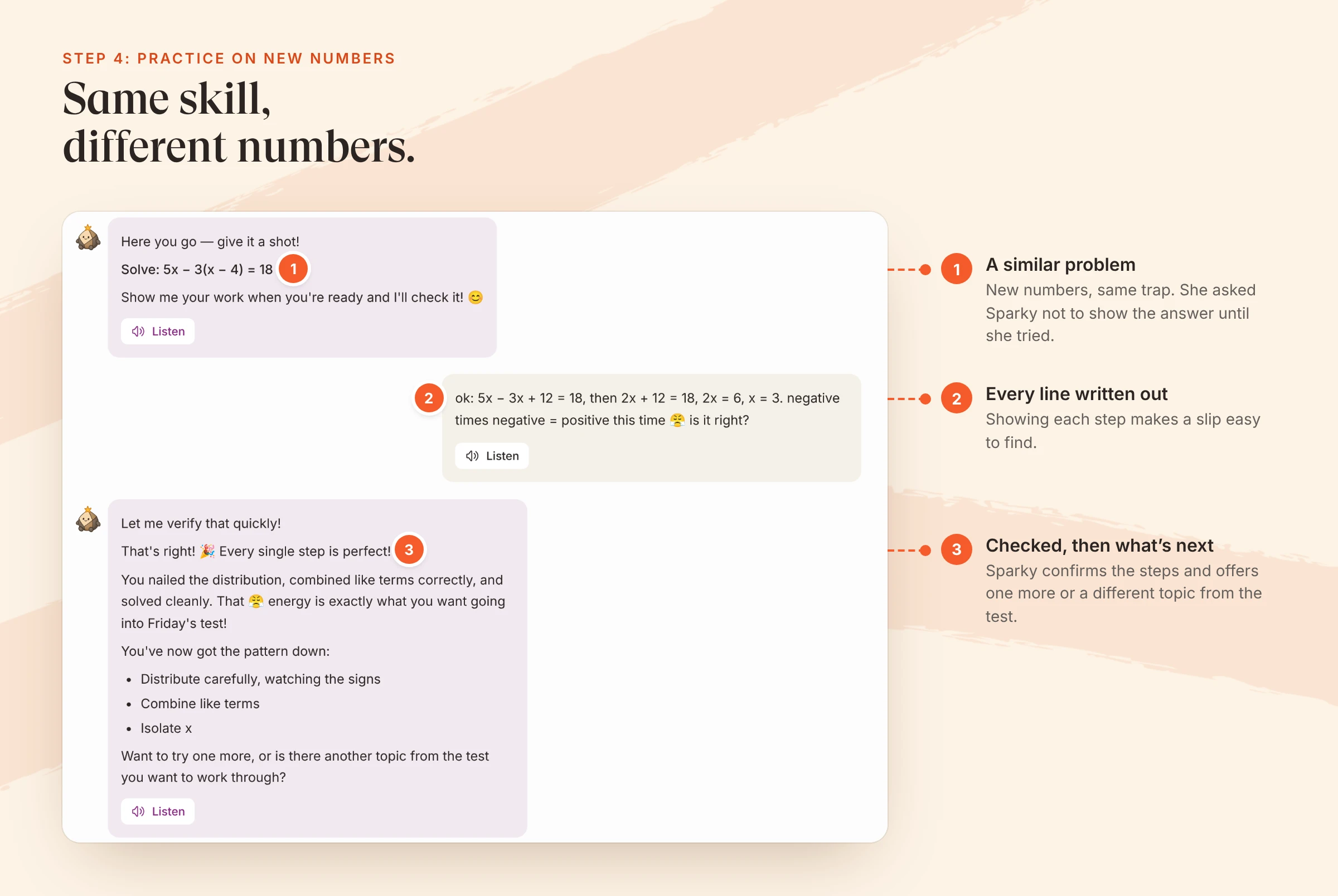 Annotated Flint chat on a cream background, titled "Same skill, different numbers." Sparky writes: Here you go, give it a shot! Solve: 5x − 3(x − 4) = 18. Show me your work when you're ready and I'll check it. The student replies: 5x − 3x + 12 = 18, then 2x + 12 = 18, 2x = 6, x = 3, adding that negative times negative is positive this time. Sparky says that's right, every step is perfect, lists distribute carefully, combine like terms and isolate x, and asks if she wants one more or another topic from the test. Notes beside the chat: a similar problem with new numbers; every line written out; checked, then what's next.