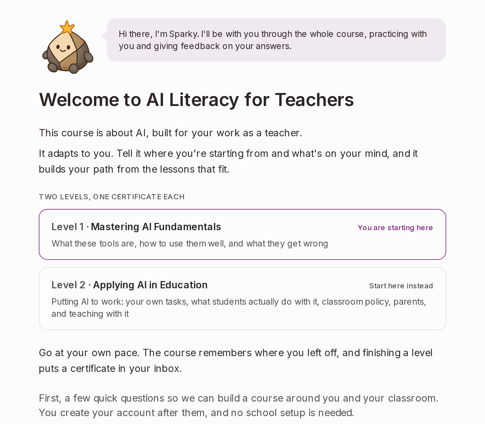 The welcome screen of Flint's AI Literacy for Teachers course, showing Level 1, Mastering AI Fundamentals, and Level 2, Applying AI in Education, with one certificate for each level.