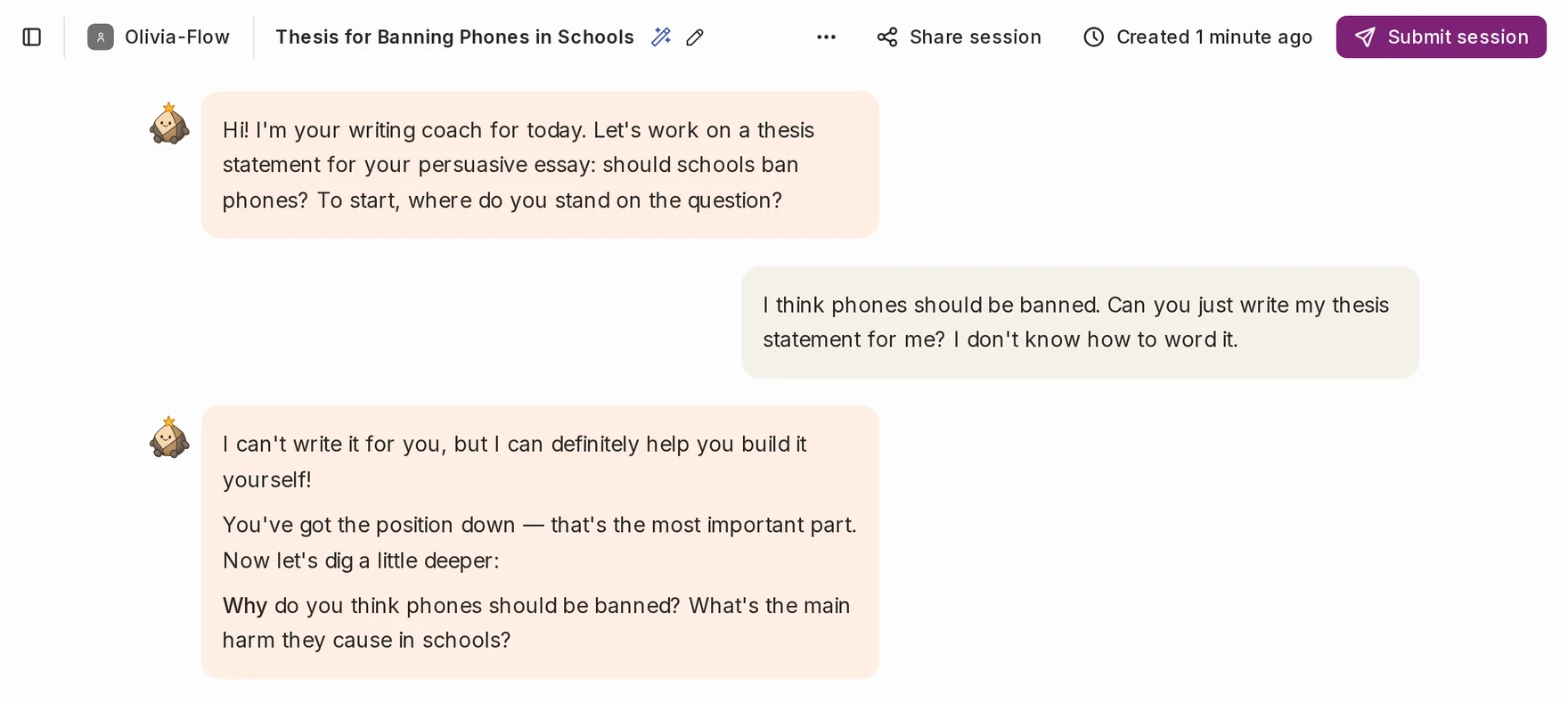 A student in a Flint activity called Persuasive Essay: Thesis Workshop writes, "I think phones should be banned. Can you just write my thesis statement for me? I don't know how to word it." Sparky replies, "I can't write it for you, but I can definitely help you build it yourself!" and asks, "Why do you think phones should be banned? What's the main harm they cause in schools?"