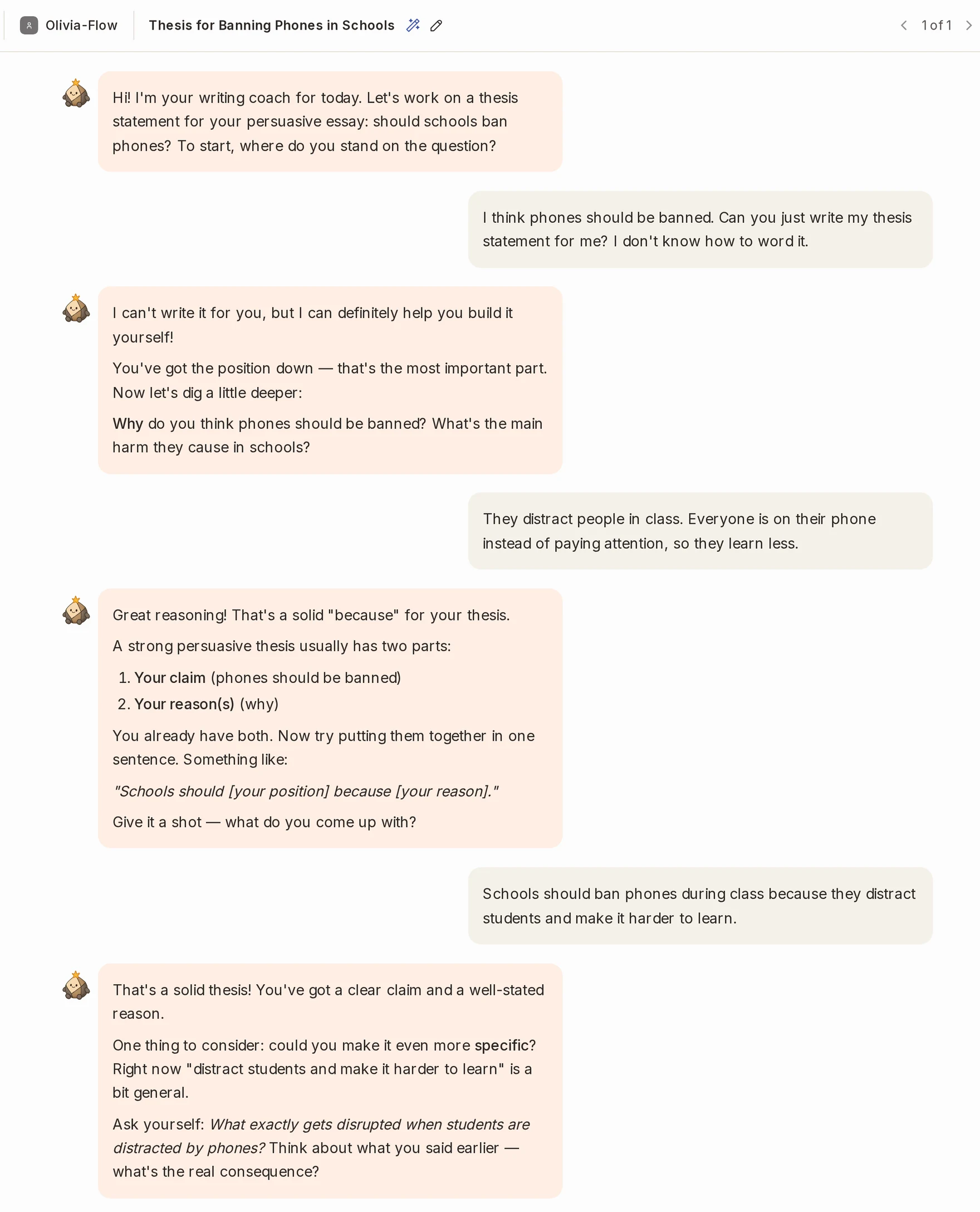 The teacher's view of a student's Flint session in a sample class, titled Thesis for Banning Phones in Schools. It shows the whole conversation: the student asks Sparky to write her thesis, Sparky declines and asks why, the student gives her reasons, and the student writes her own thesis statement.