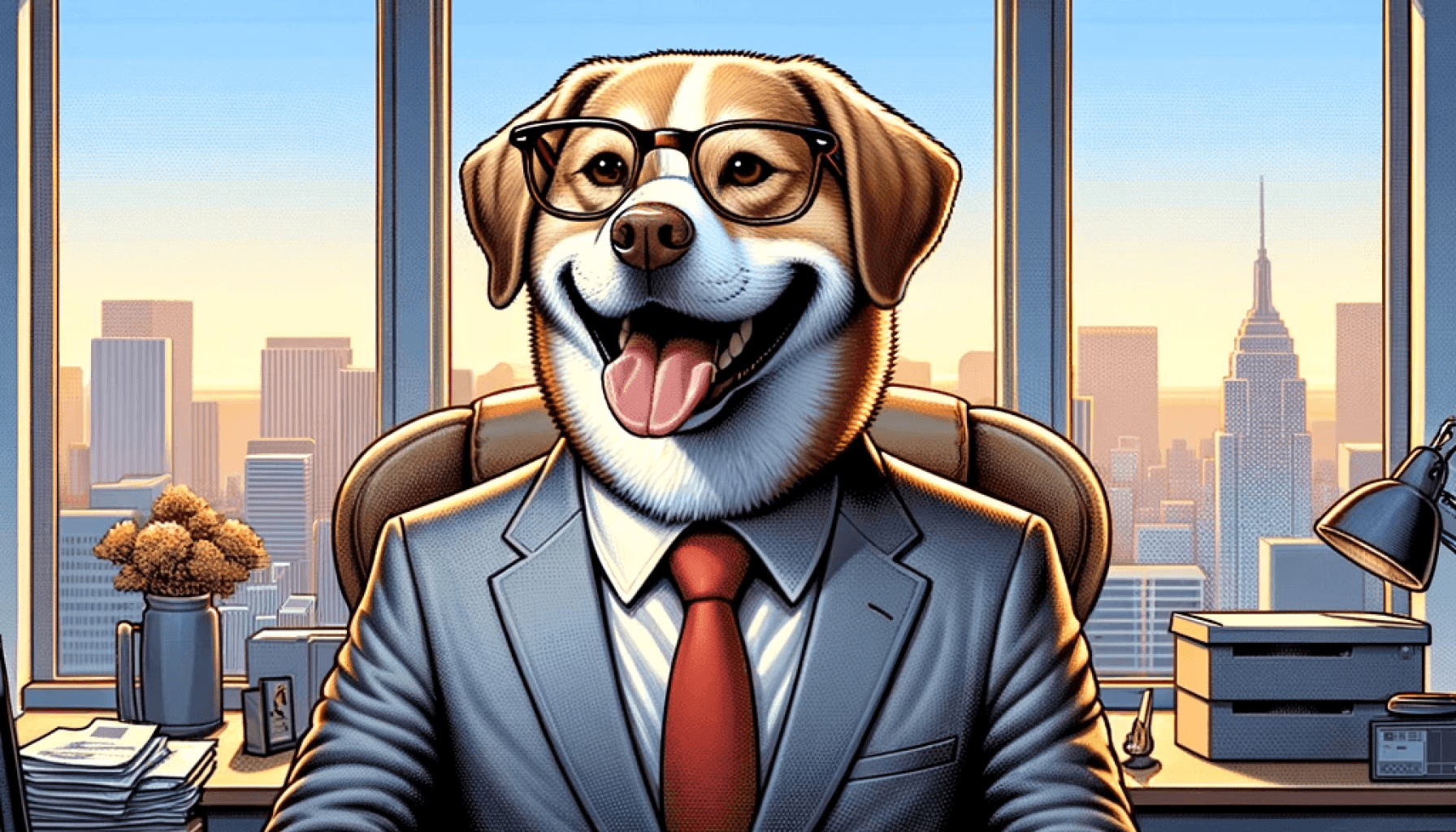 A happy dog in a suit sitting at an office desk with a view of NYC