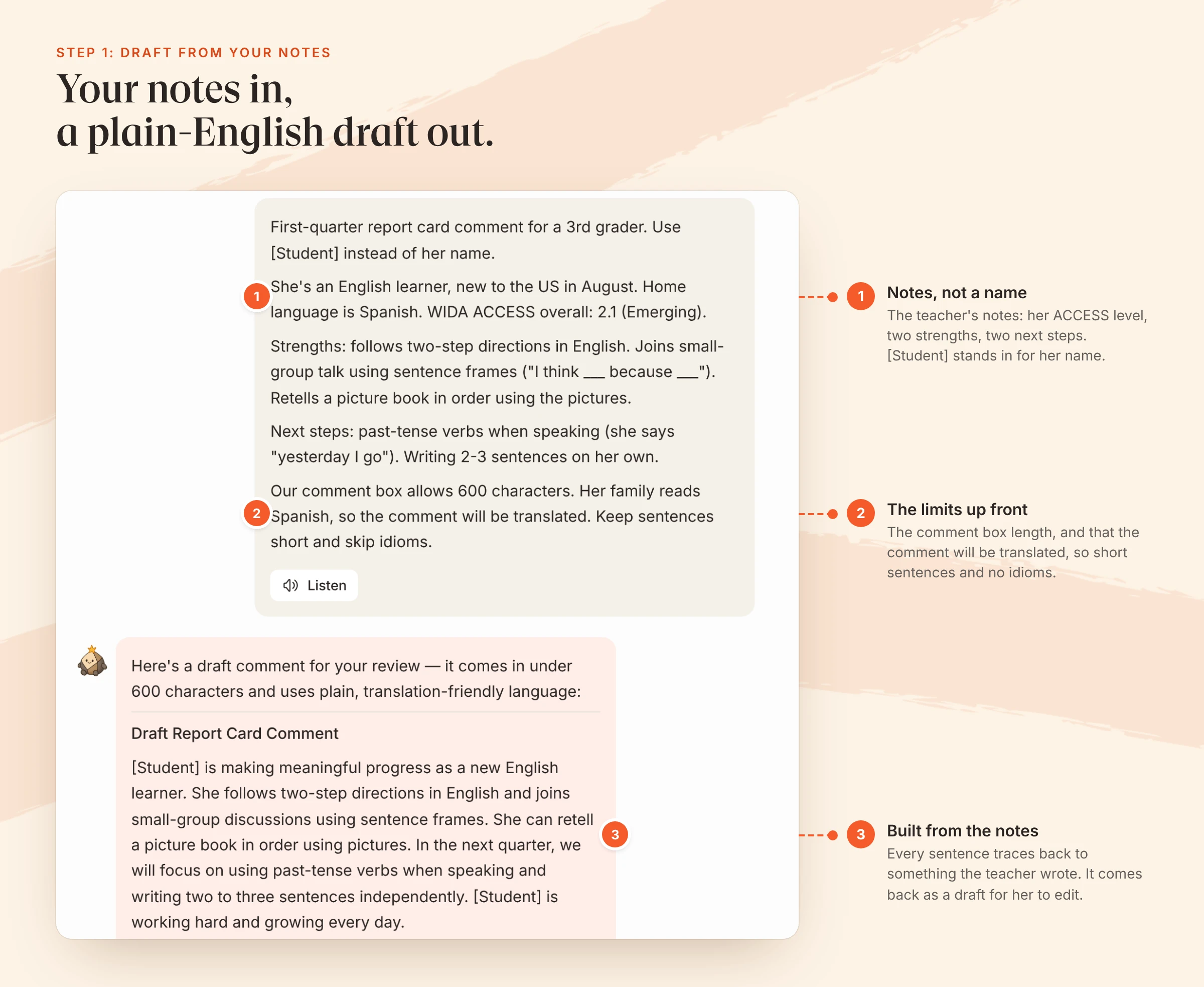 The Report Card Commenter in Flint: a teacher's notes about a 3rd-grade English learner at WIDA level 2, and the four-sentence draft comment built from them.
