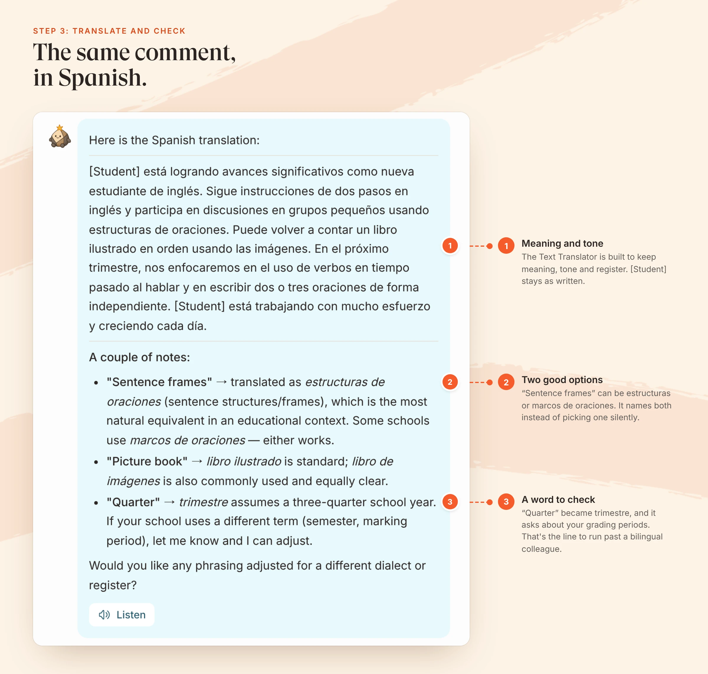 The Text Translator in Flint: the same comment in Spanish, with notes on two possible translations of "sentence frames" and a question about how the school's grading periods map to "trimestre."