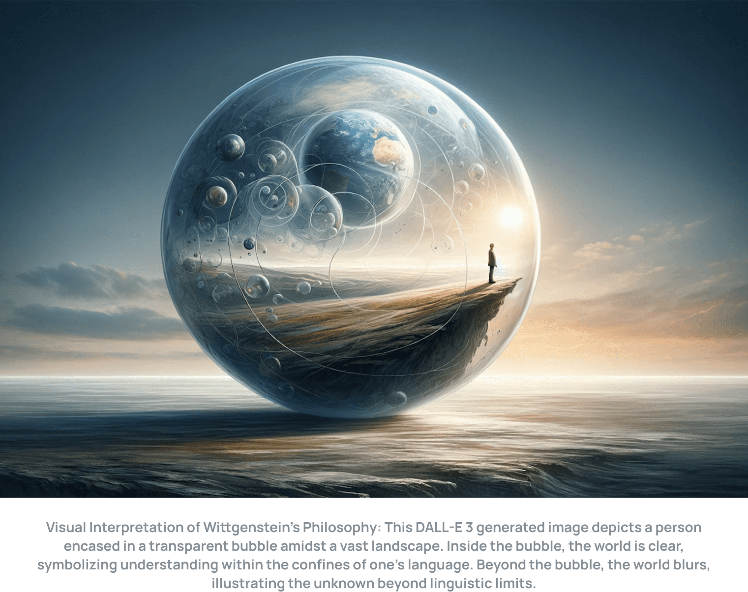 Visual Interpretation of Wittgenstein's Philosophy: This DALL-E 3 generated image depicts a person encased in a transparent bubble amidst a vast landscape. Inside the bubble, the world is clear, symbolizing understanding within the confines of one's language. Beyond the bubble, the world blurs, illustrating the unknown beyond linguistic limits.