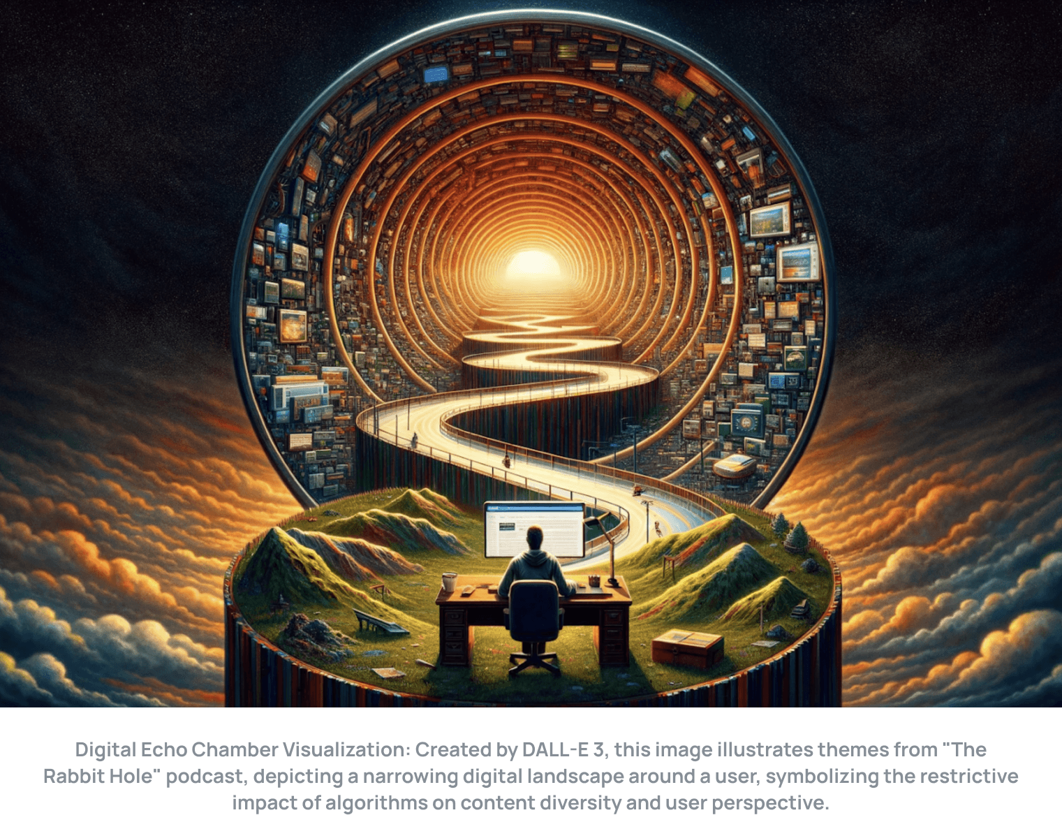 Digital Echo Chamber Visualization: Created by DALL-E 3, this image illustrates themes from "The Rabbit Hole" podcast, depicting a narrowing digital landscape around a user, symbolizing the restrictive impact of algorithms on content diversity and user perspective.