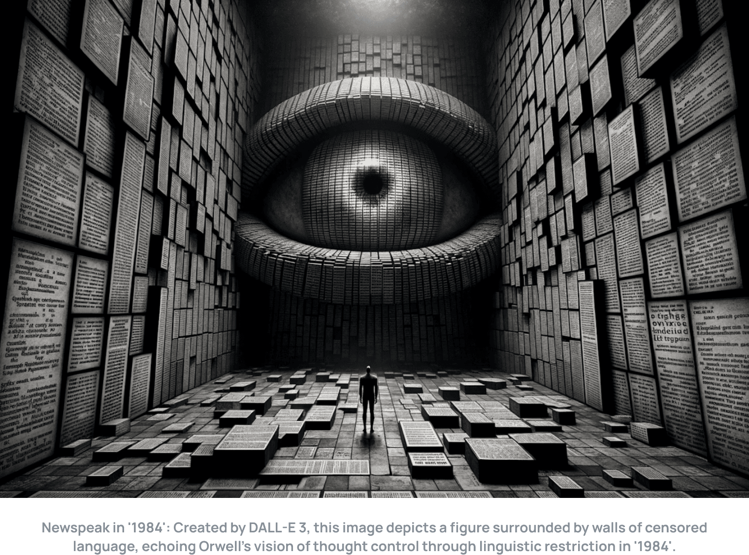 Newspeak in '1984': Created by DALL-E 3, this image depicts a figure surrounded by walls of censored language, echoing Orwell's vision of thought control through linguistic restriction in '1984'.