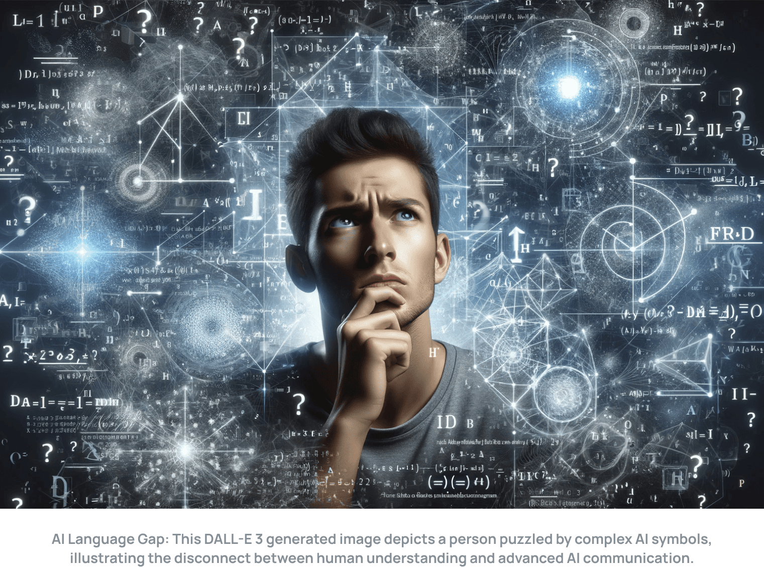 AI Language Gap: This DALL-E 3 generated image depicts a human figure puzzled by complex AI symbols, illustrating the disconnect between human understanding and advanced AI communication.