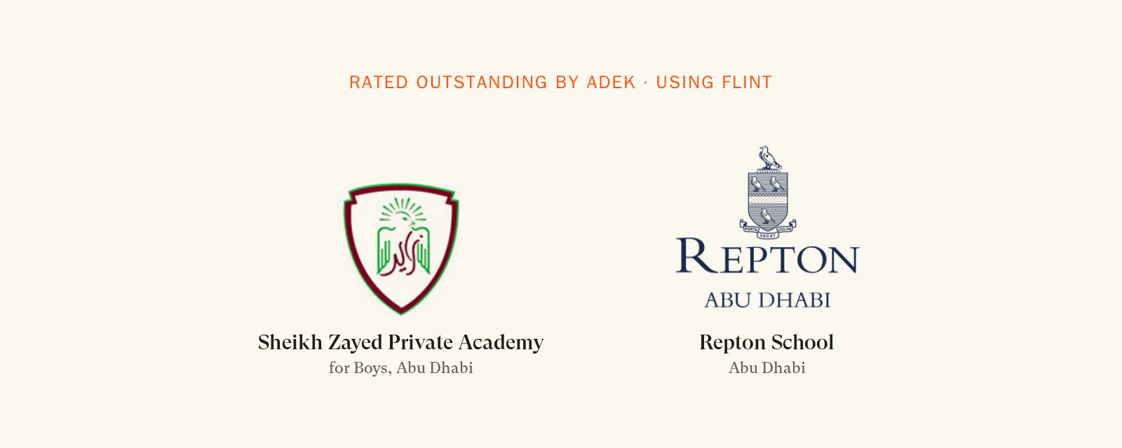 Logos of Sheikh Zayed Private Academy for Boys and Repton School Abu Dhabi, both rated Outstanding by ADEK and using Flint
