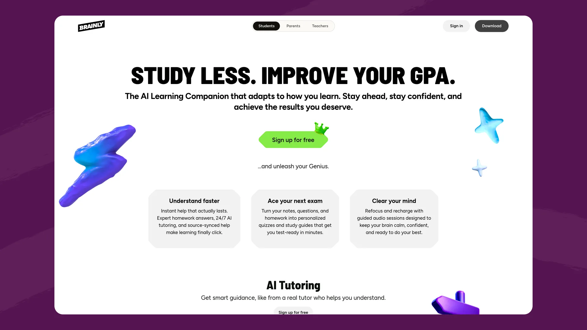 Brainly's student page with the headline 'Study less. Improve your GPA.' and its AI Learning Companion