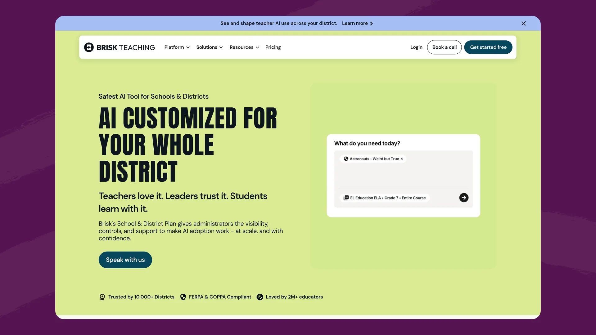 Brisk Teaching's page for schools and districts