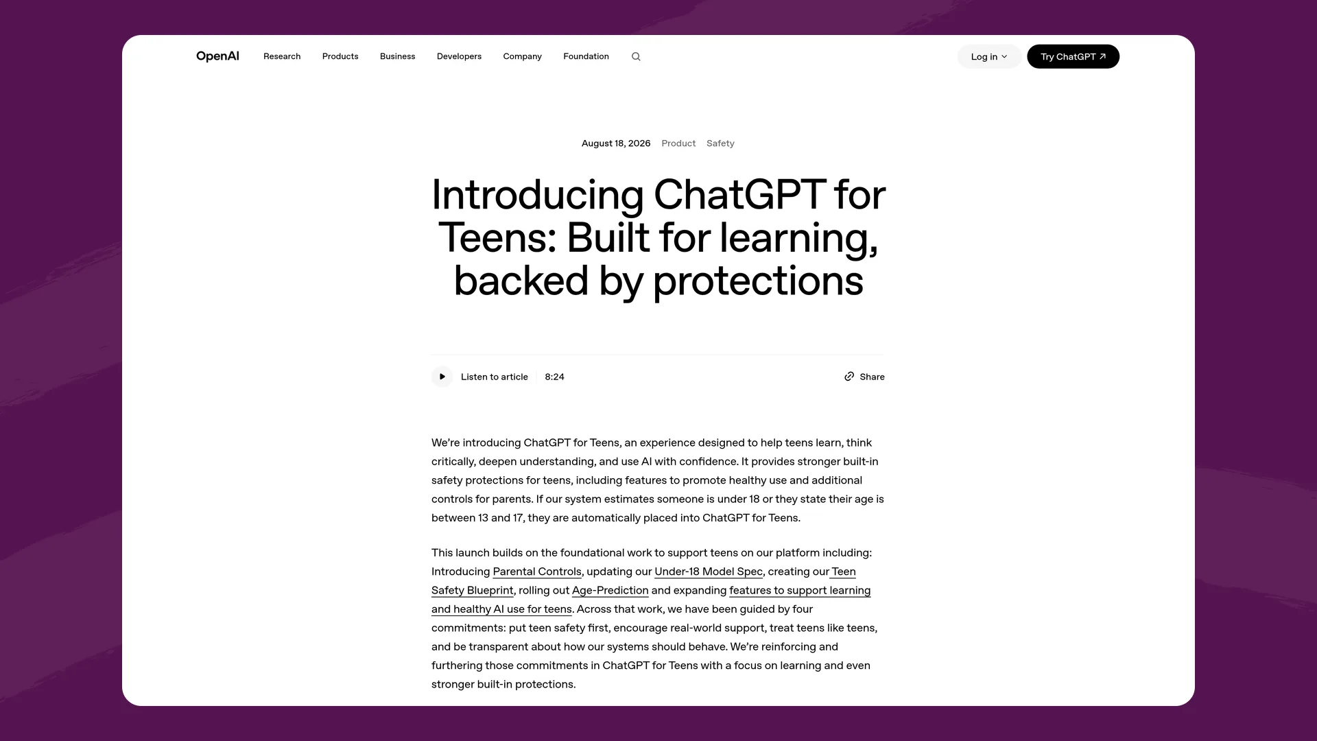 OpenAI's announcement 'Introducing ChatGPT for Teens: Built for learning, backed by protections', dated August 18, 2026