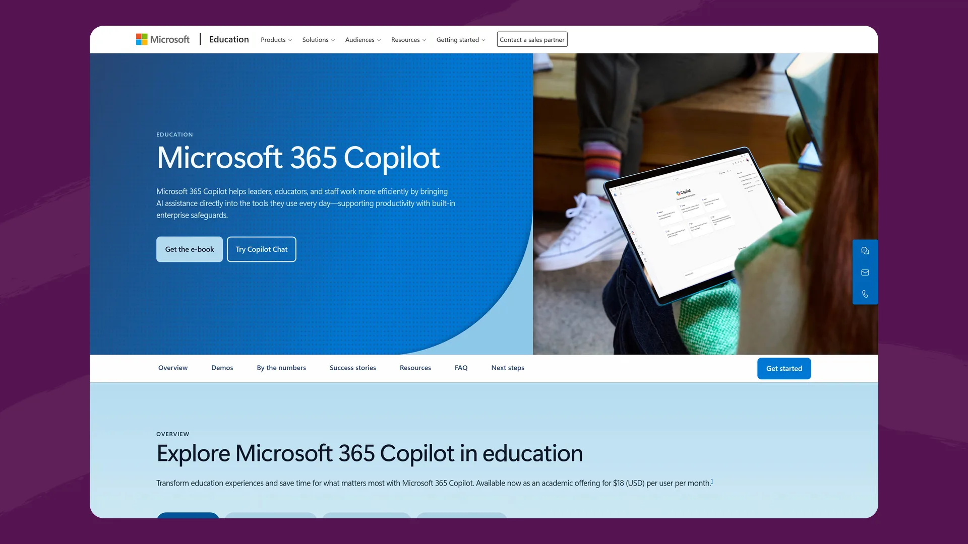 Microsoft's Copilot in education page showing the $18 per user per month academic offer