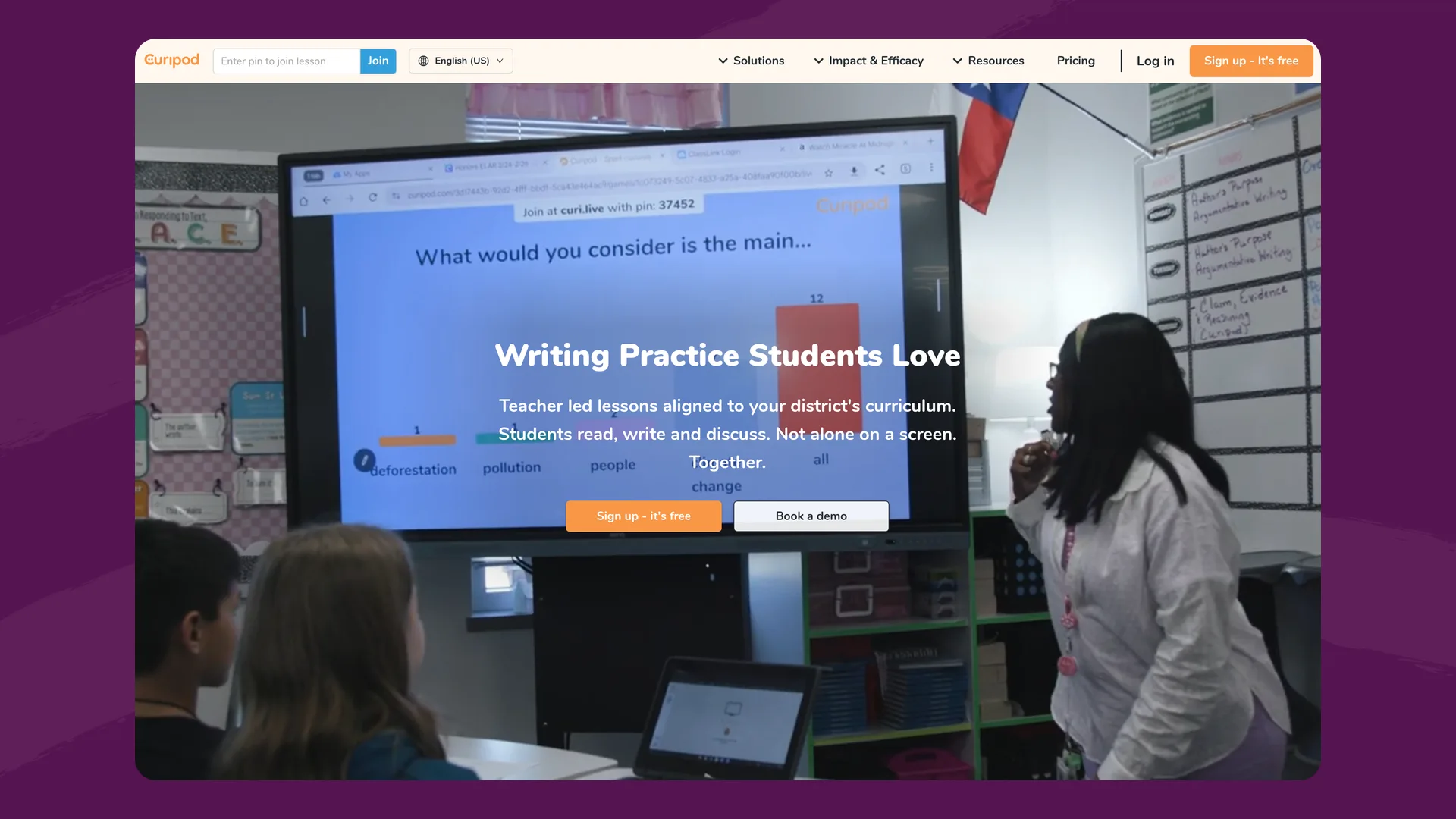 Curipod homepage with the headline 'Writing Practice Students Love' over a photo of a teacher in front of a classroom screen