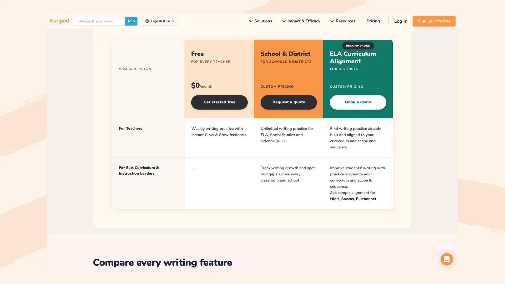 Curipod pricing page with three plans: Free, School and District, and ELA Curriculum Alignment