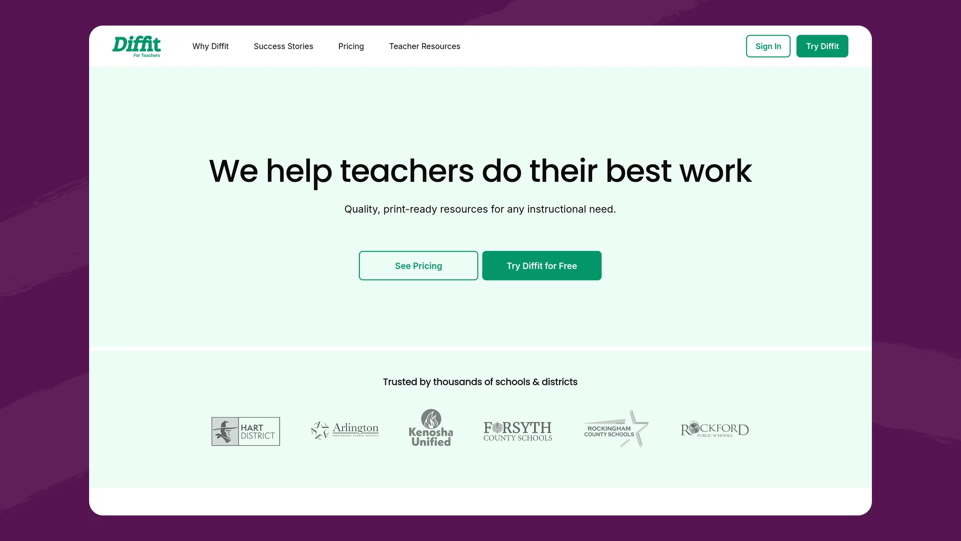 Diffit homepage with the headline 'We help teachers do their best work' and buttons for See Pricing and Try Diffit for Free