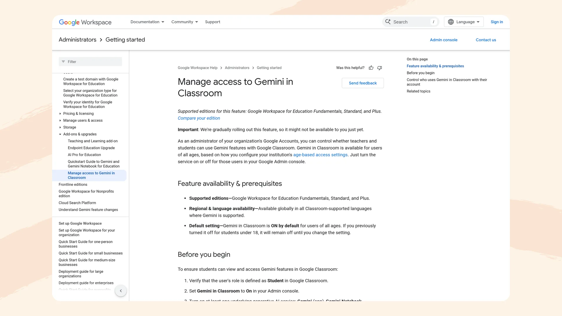 Google admin help page on managing access to Gemini in Classroom, showing it is on by default for users of all ages