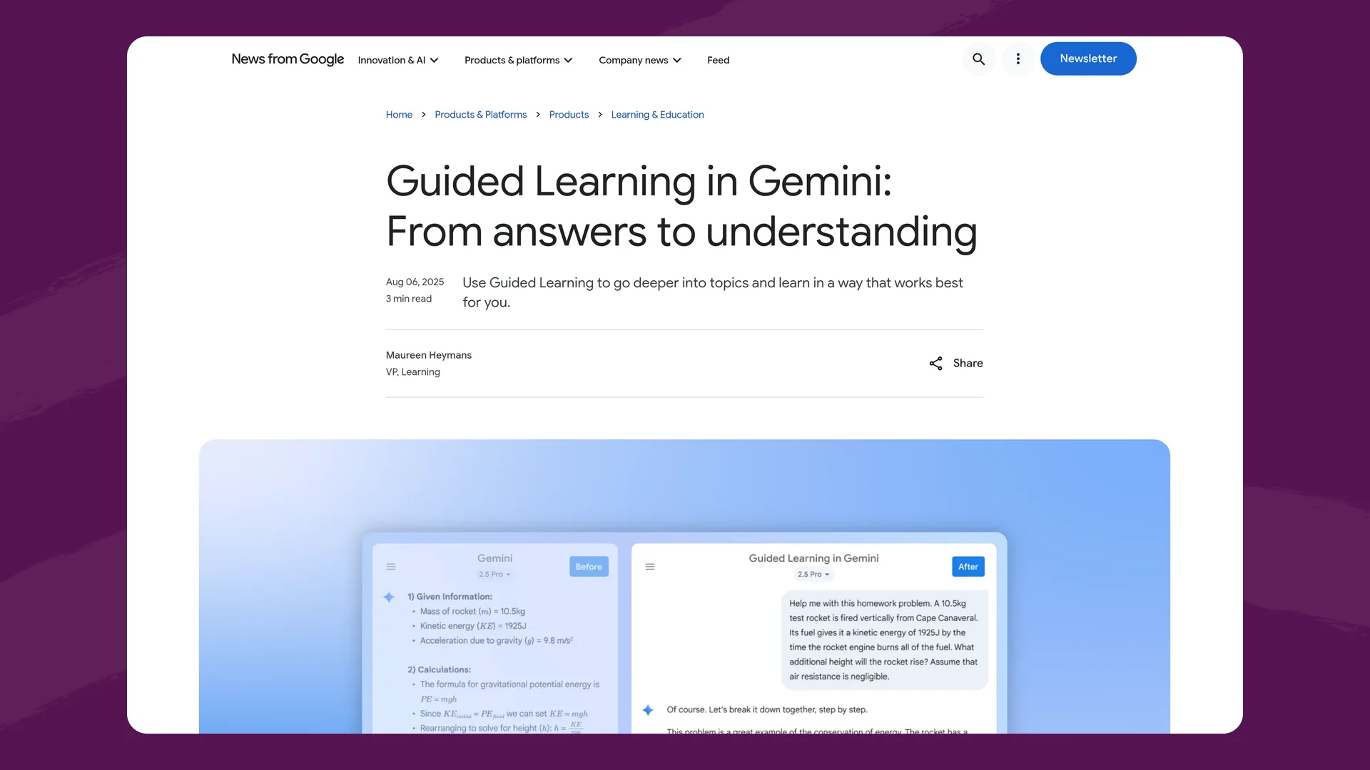 Google's post 'Guided Learning in Gemini: From answers to understanding', with a before-and-after view of a homework problem