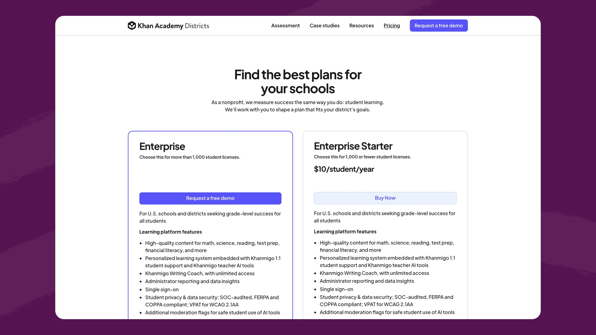 Khan Academy Districts pricing page showing Enterprise and Enterprise Starter plans