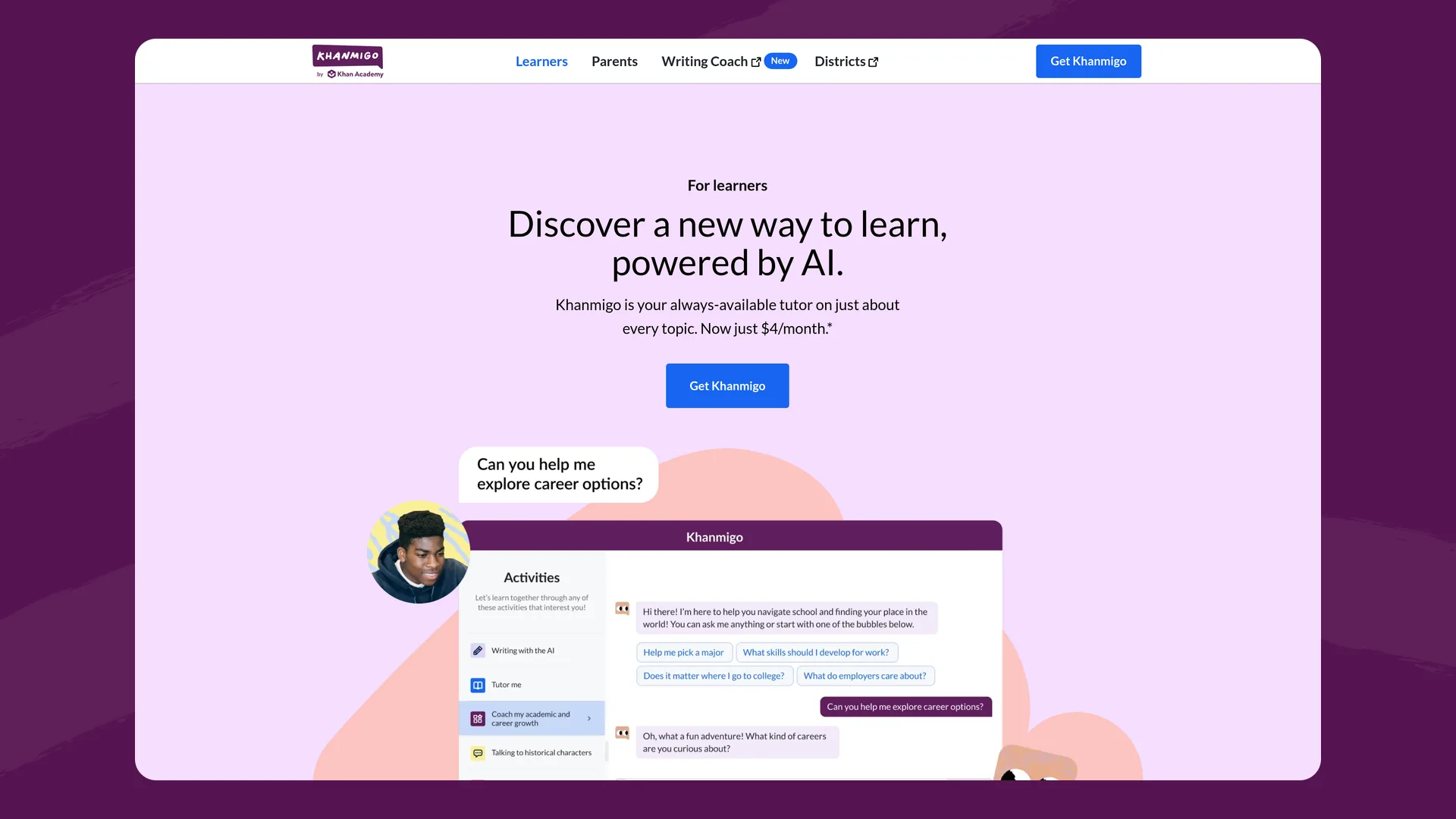 Khanmigo's page for learners with the headline 'Discover a new way to learn, powered by AI' and a $4/month price