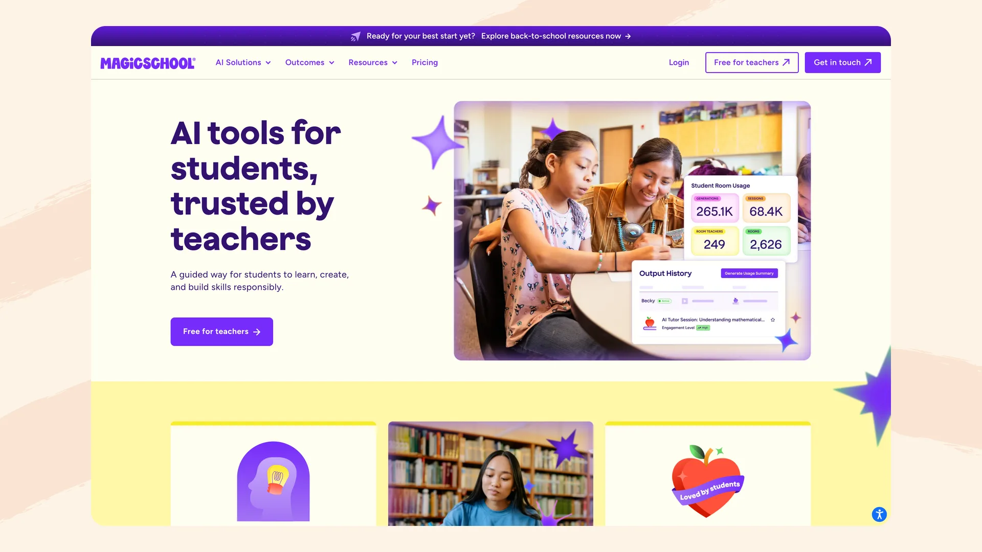 MagicSchool's MagicStudent page with the headline 'AI tools for students, trusted by teachers' and a teacher dashboard showing student room usage