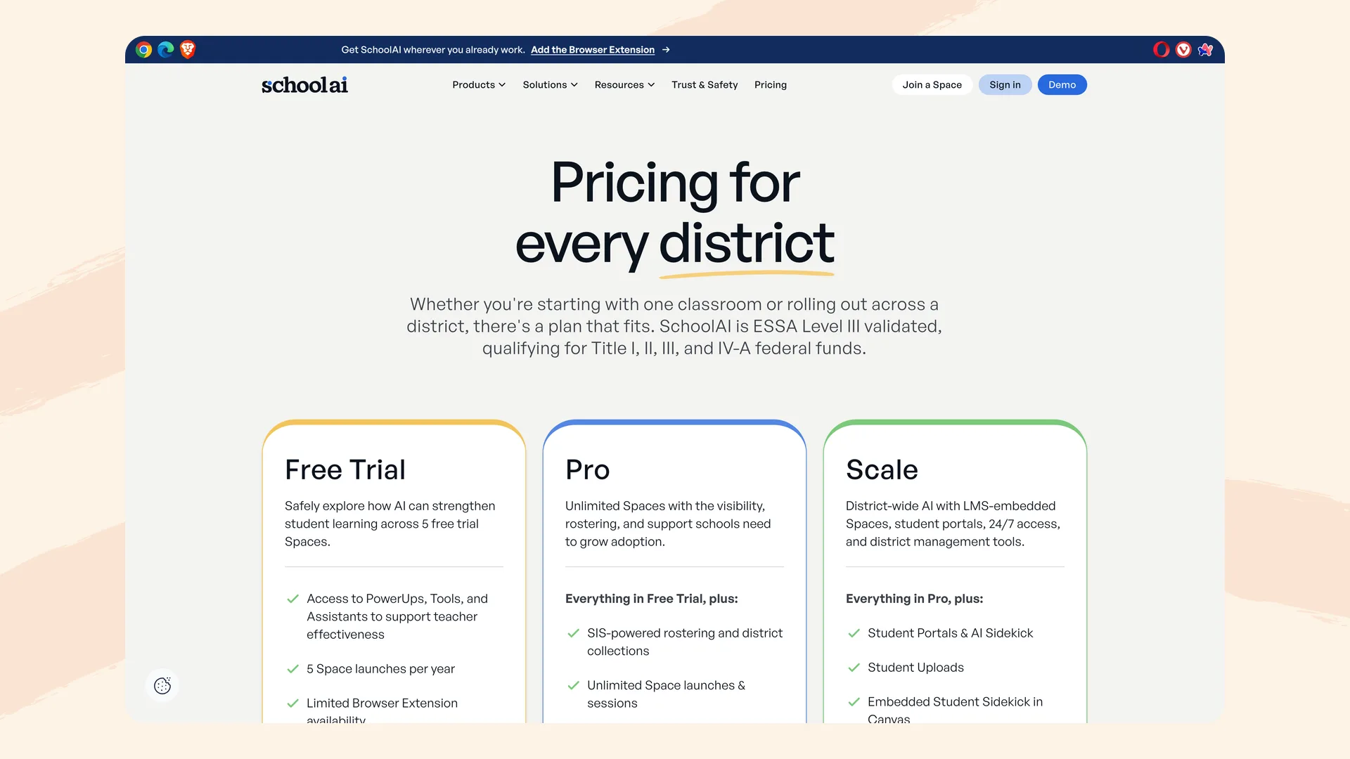 SchoolAI pricing page showing Free Trial, Pro, and Scale tiers with no dollar amounts, and 5 Space launches per year on the free trial