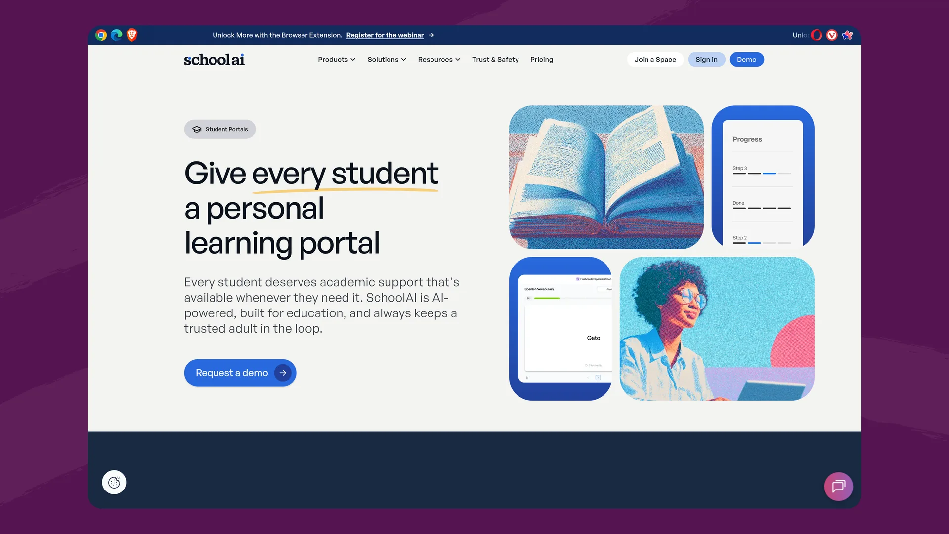 SchoolAI's Student Portals page with the headline 'Give every student a personal learning portal'