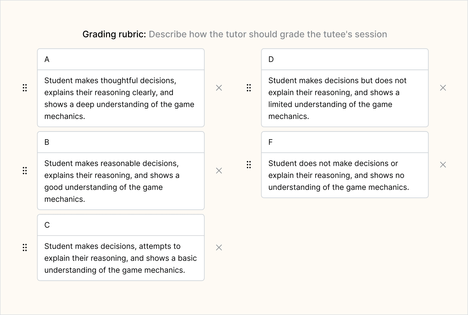 Grading rubric with A-F levels generated by Flint by default
