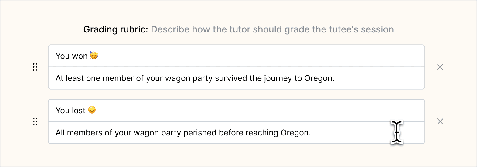 Edited rubric to only have two options: suriviving and winning the game or perishing and losing.