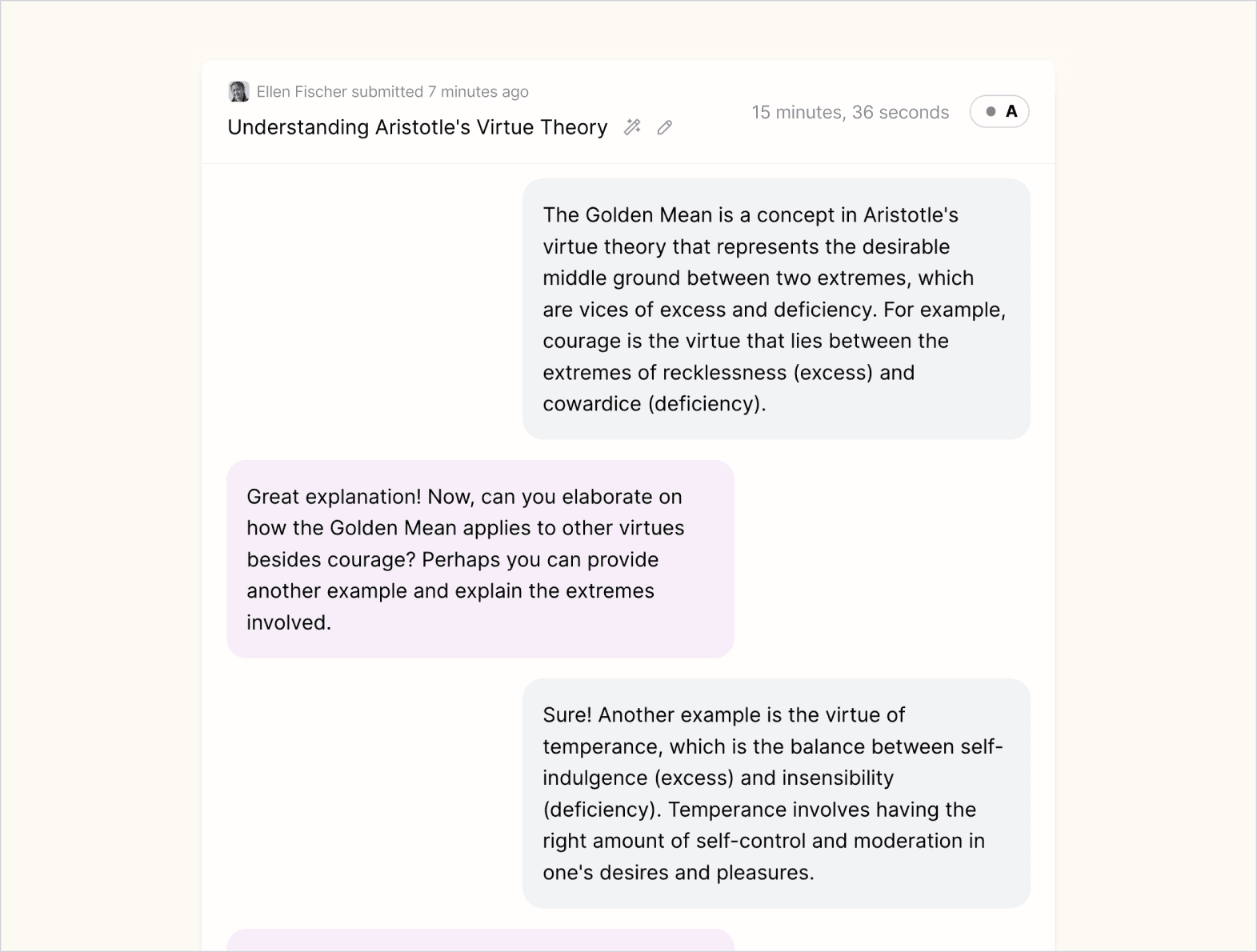 Screenshot of student session showing how Flint is asking them to dig deeper and provide more examples.