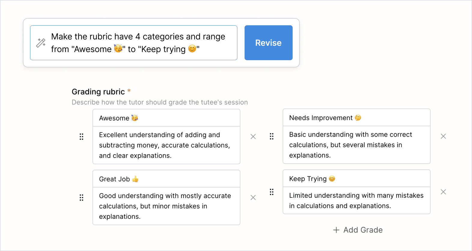 Revision request and newly generated rubric with grade buckets ranging from "awesome" to "keep trying", paired with suitable emojis.