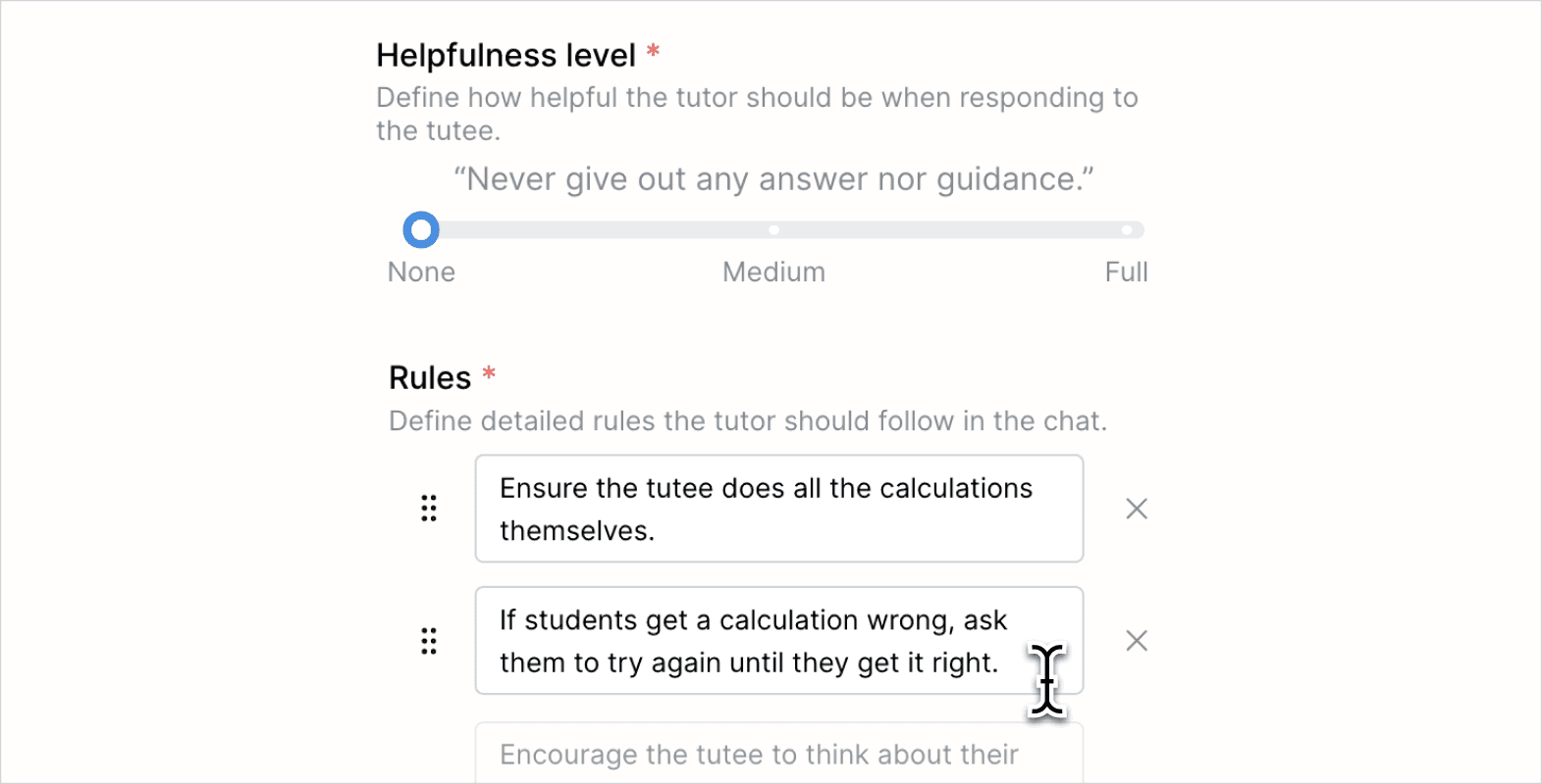 Helpfulness level set to never giving answers and rules stating that students should do calculations themselves and try again when they get something wrong.