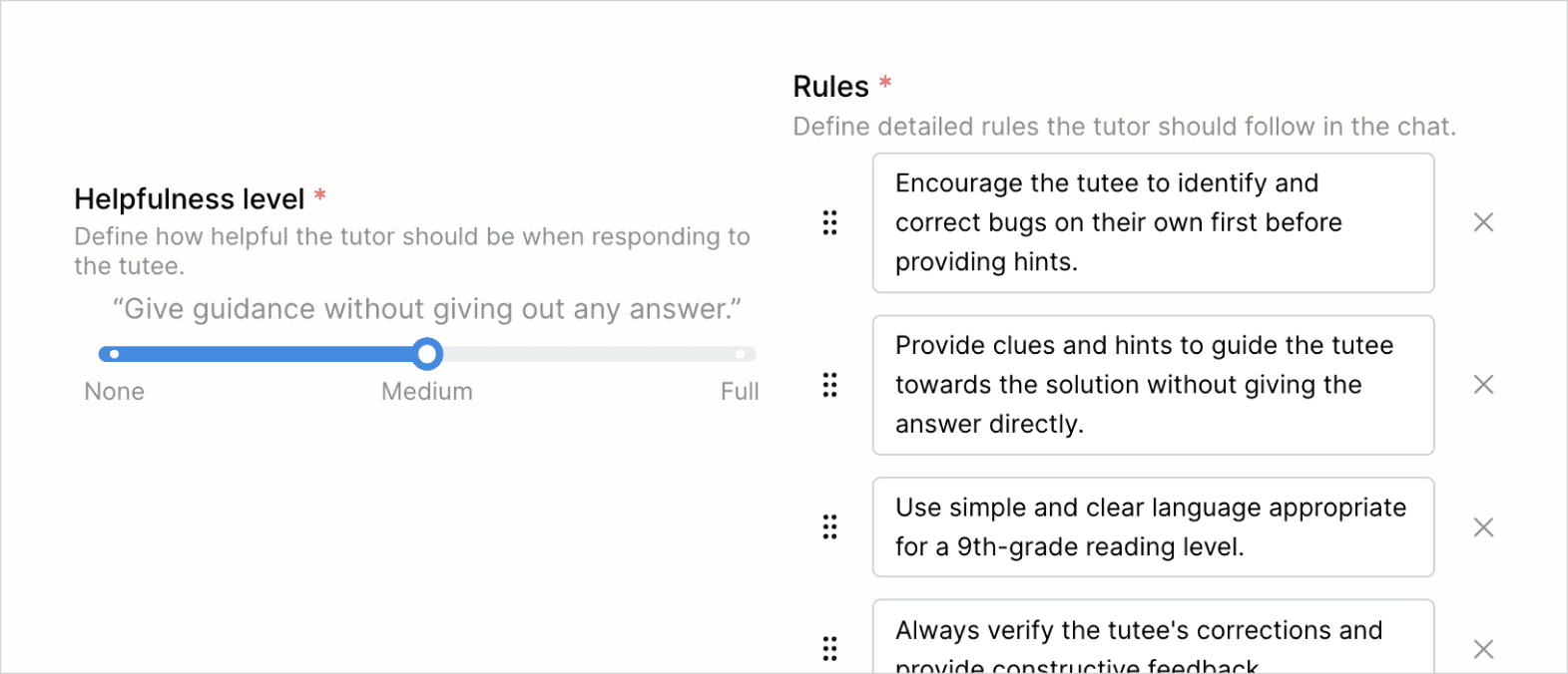 Helpfulness level set to medium to ensure the tutor will give guidance without giving away the answer and the autoo-generated rules that ensure the tutee will need to identify and attempt to fix bugs in the code presented.