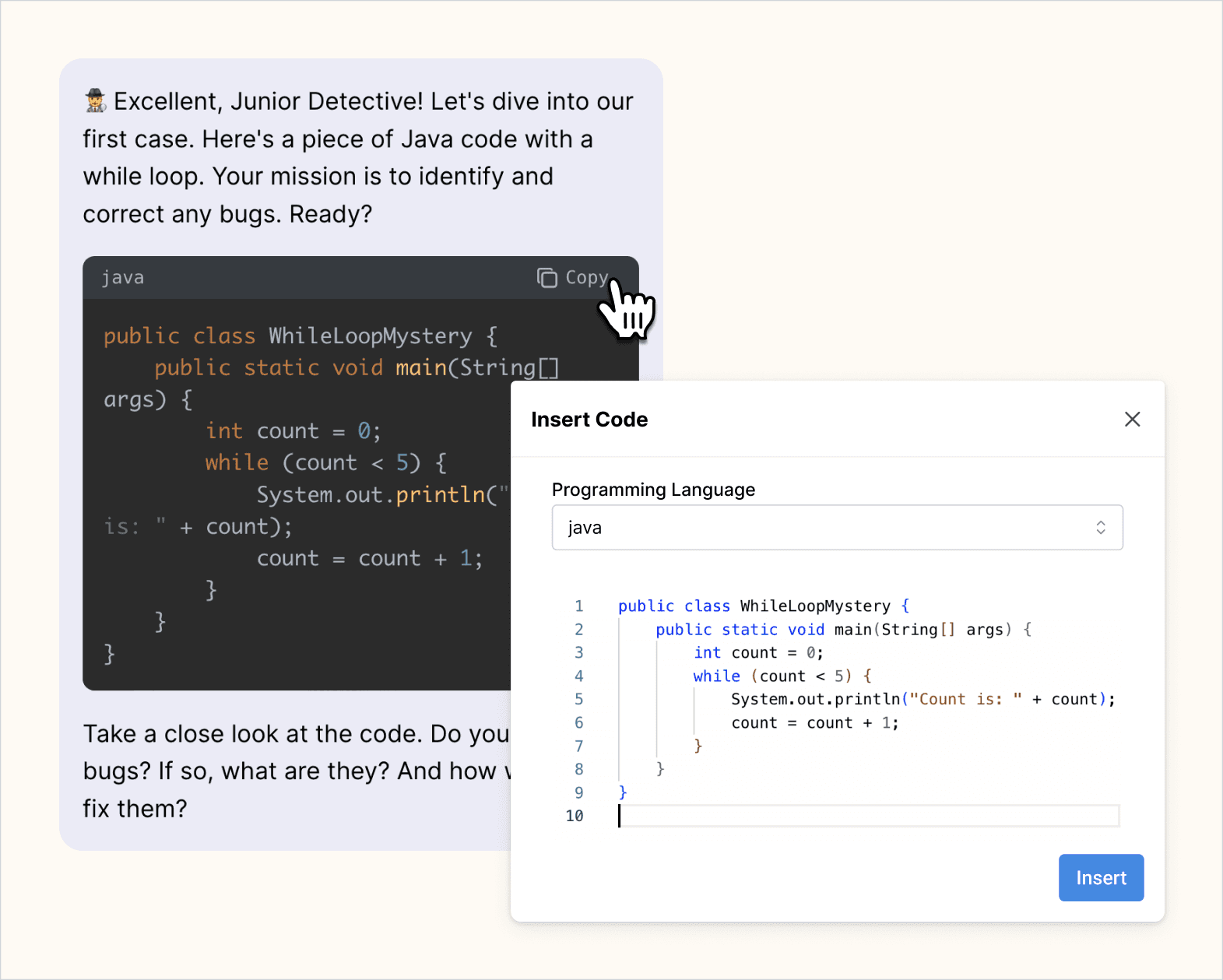 Graphic highlighting how students can click the copy button to copy the code snippet and then paste and edit it within the built-in code editor.