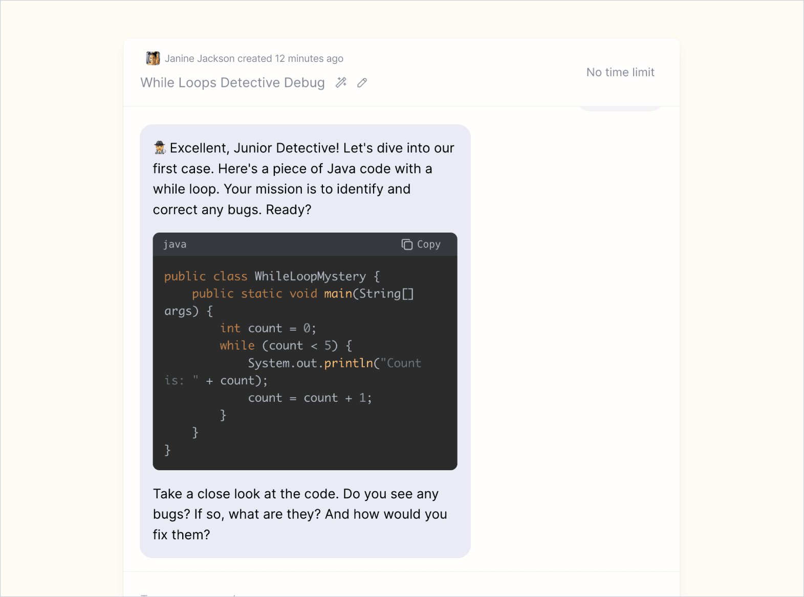 Example session where the AI tutor has preseented the student with example code that may or may not contain a bug.