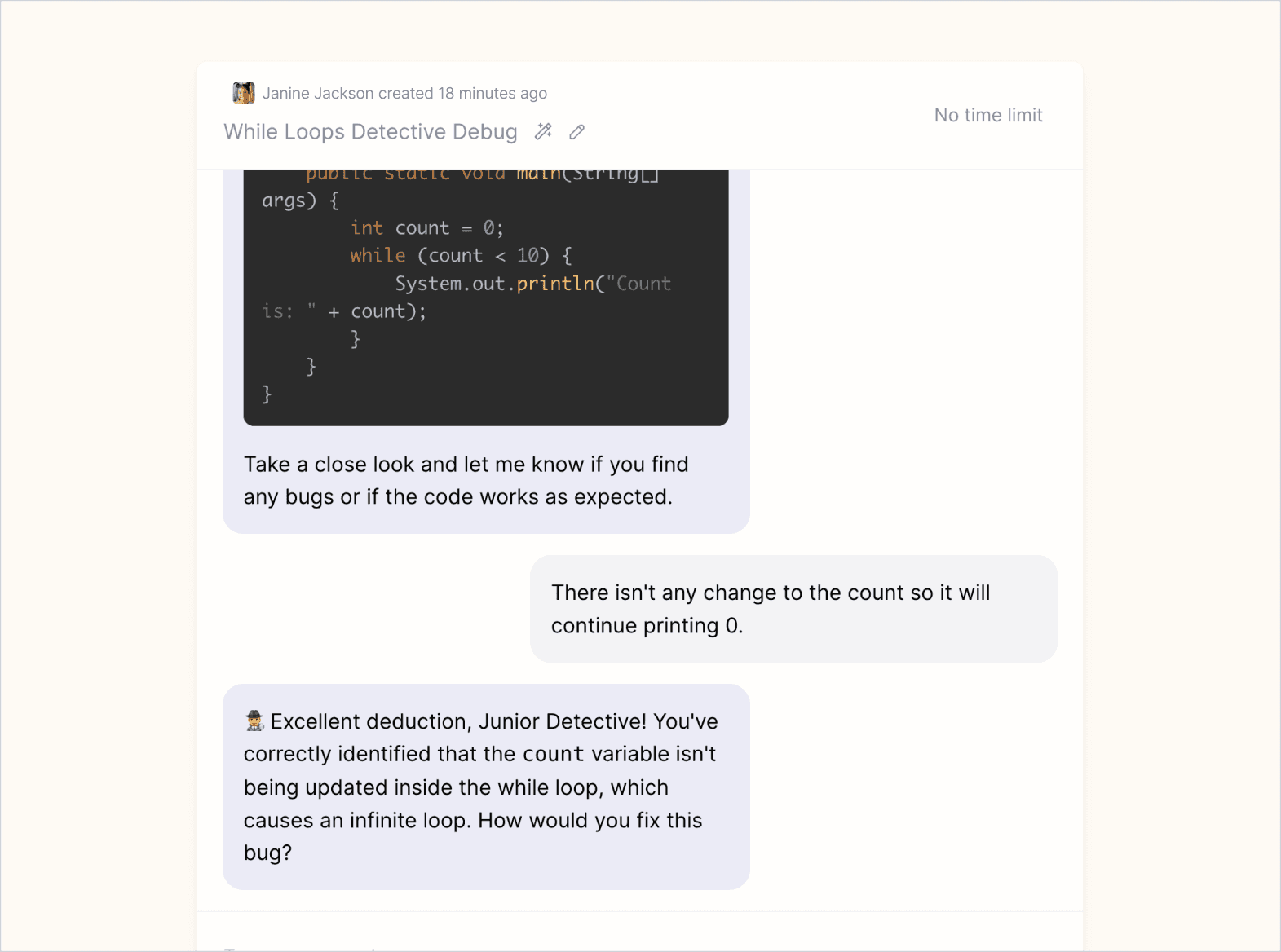 Example session where student correctly identified a bug in the code and the tutor asks how they might fix it.
