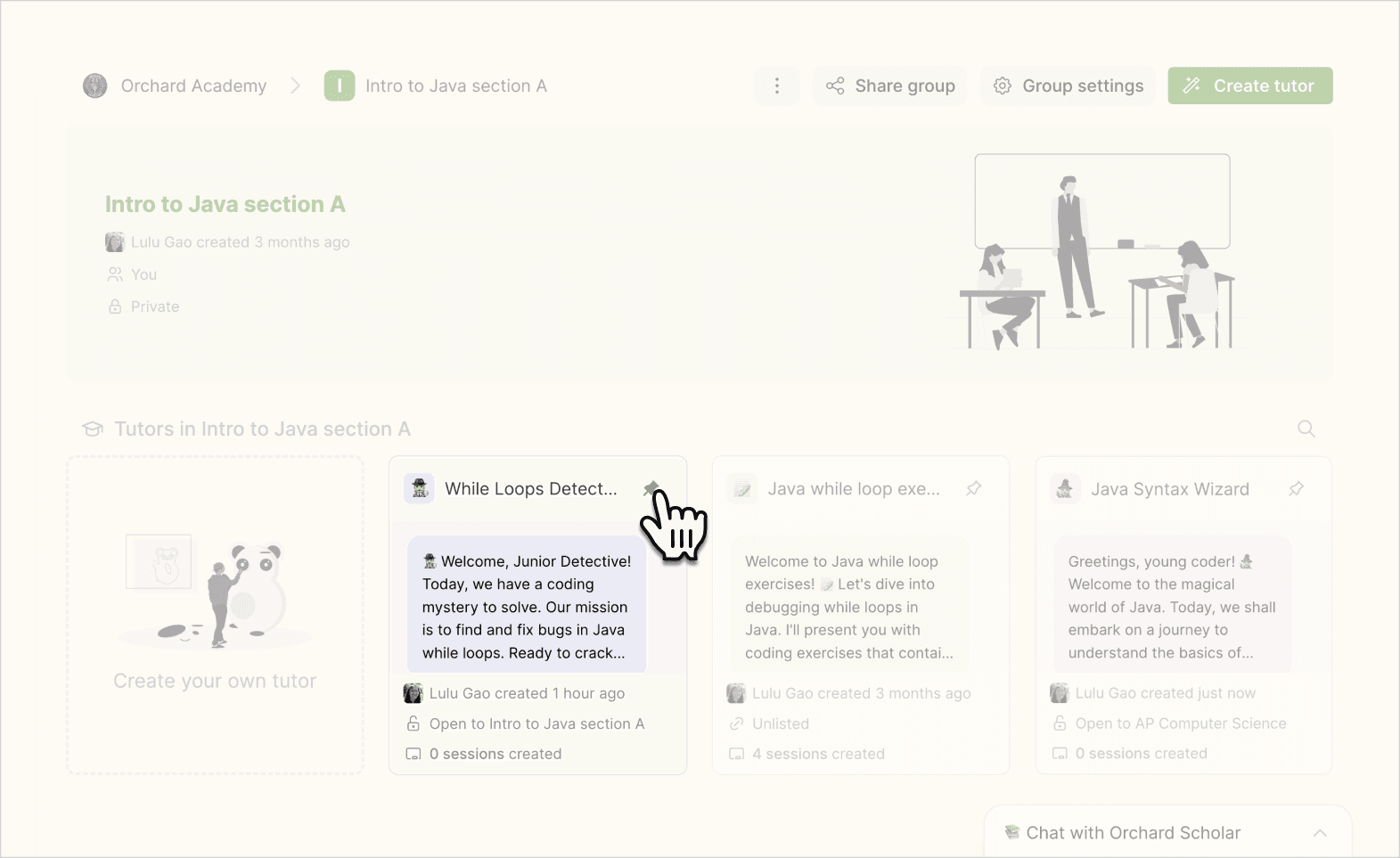 Screenshot of Intro to Java section A class page with the while loops detective tutor pinned to the top of the tutor list.