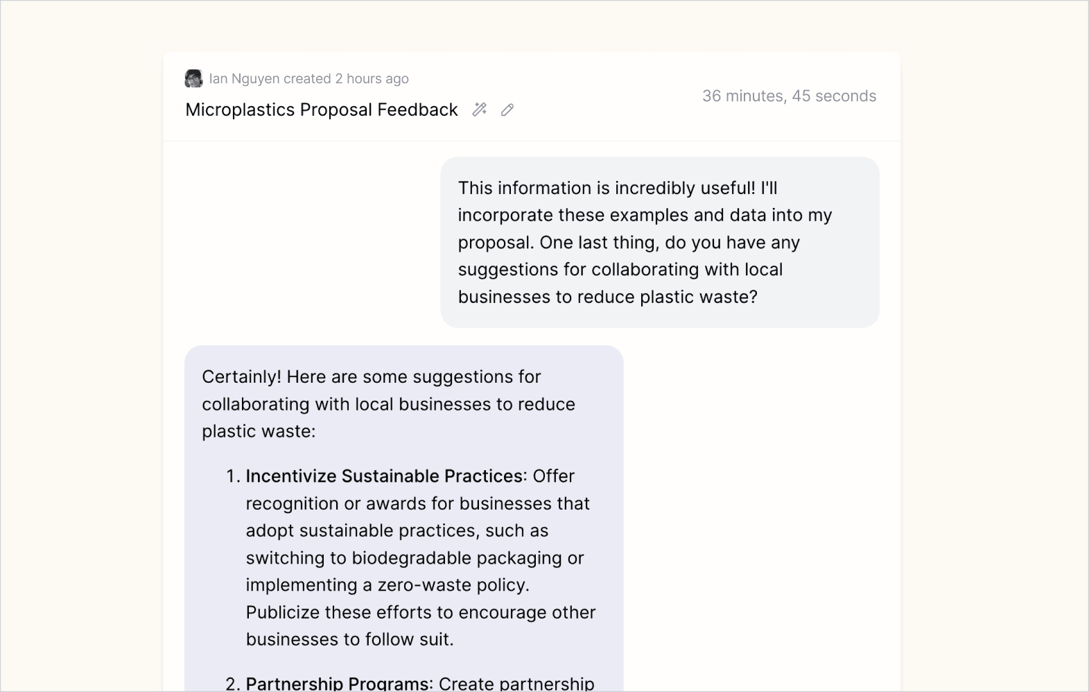 Screenshot of example student conversation where student is asking for resources from the AI expert.