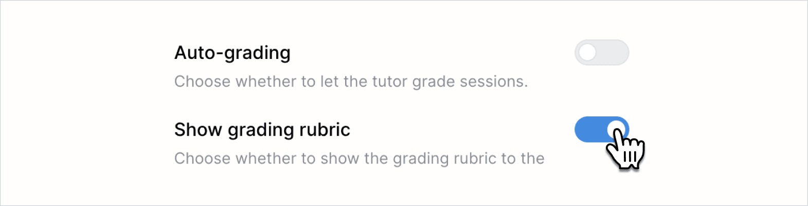 Tutor settings with auto-grading turned off and show grading rubric turned on.