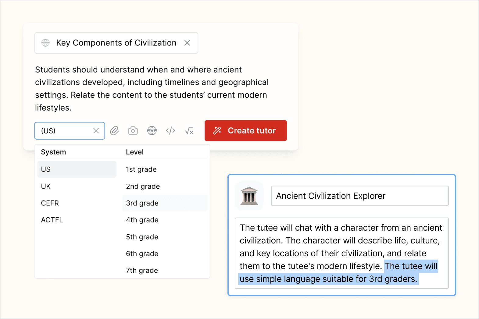 Screenshot of grade selector with 3rd grade highlighted and the tutor description, highlighting how the tutor will use simple langague suitable for 3rd graders.