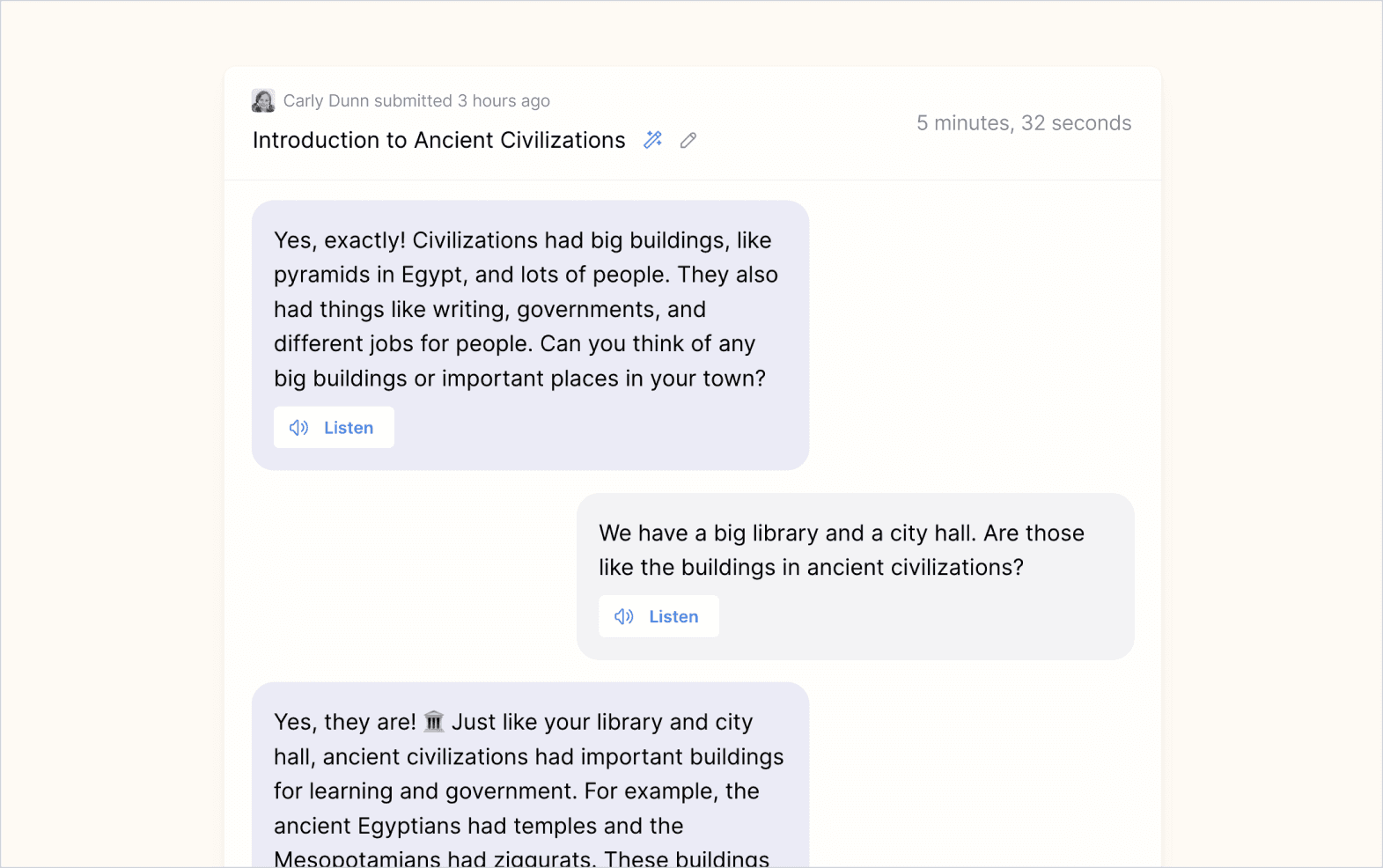 Screenshot of example student submission where they compare ancient buildings to the library and city hall where the student lives.