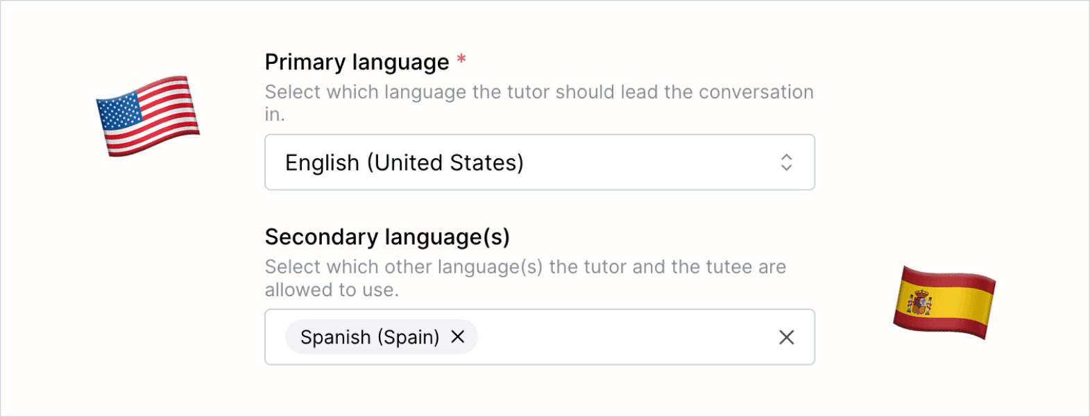 Language settings that have the primary language set as English and the secondary language set as Spanish.