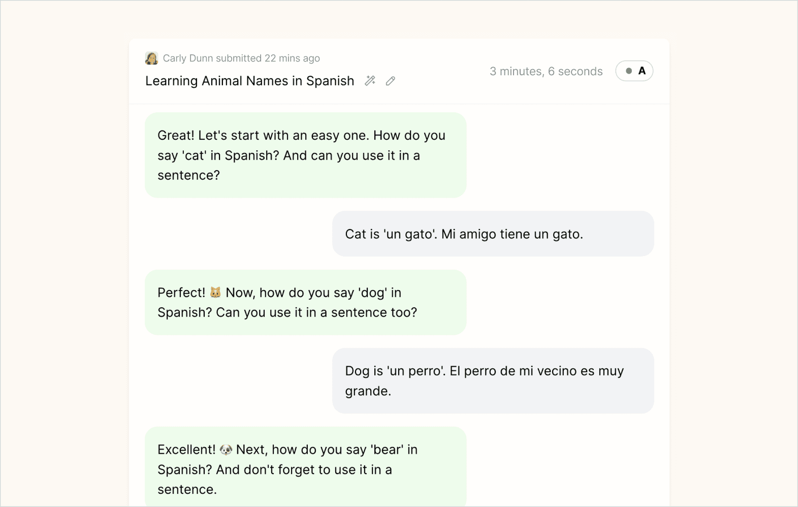 Screenshot of example student session where the student is doing a perfect job both translating the animal names and using them in a sentence.