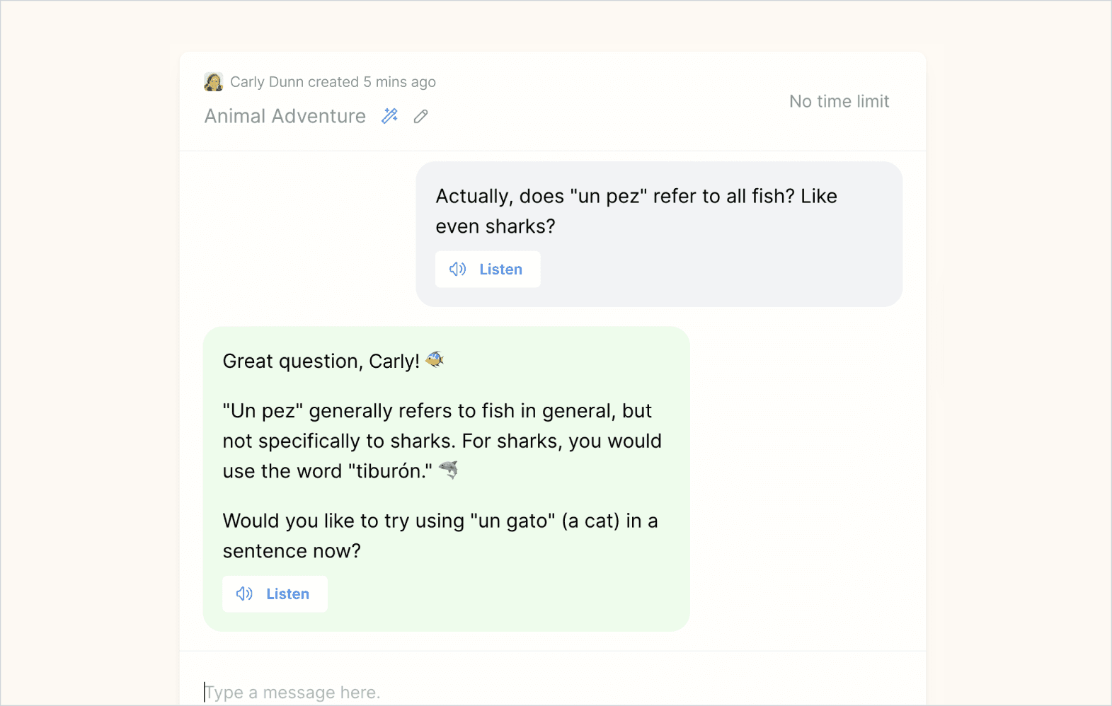 Student session screenshot showing a student asking if the Spanish word for fish can be used to refer to all fish, including sharks.