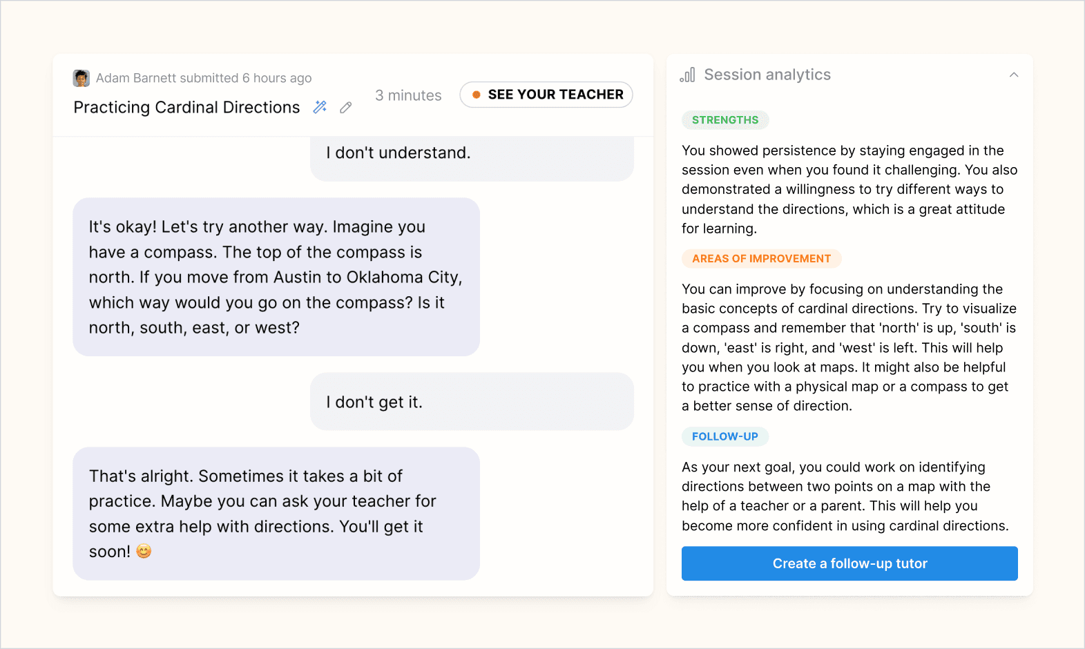 Screenshot of student session and feedback that was graded as "See your teacher".