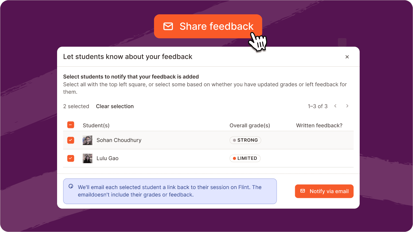 Screenshot of share feedback to quickly share feedback and grades to students